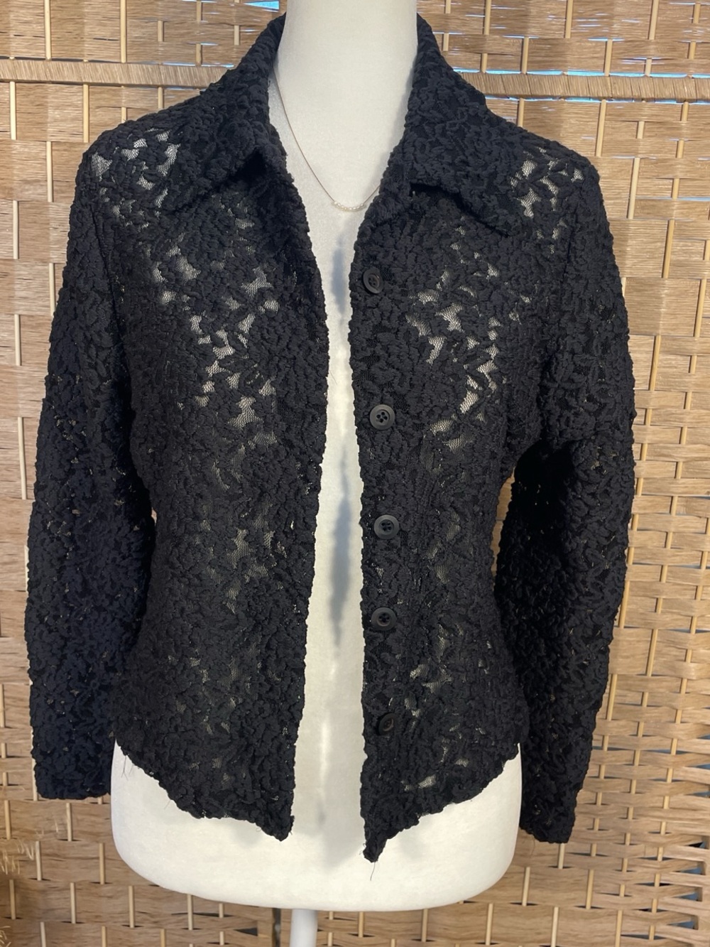 Vintage Black Lace Sheer Button-Front Women's Jacket Cardigan